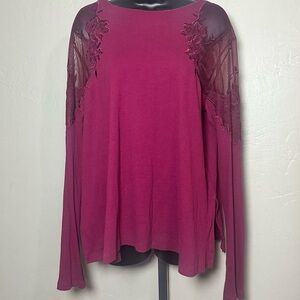 Free People Burgundy Long Sleeve Ribbed Tee w/Lace Accents and Floral Embroidery